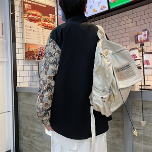 2022港风春款男休闲长袖衬衫小熊印花图案拼接衬衣CS008图片