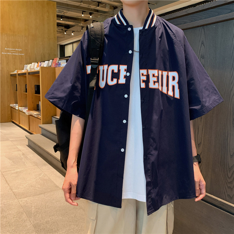 夏款男短袖中袖棒球立领衬衫字母印花百搭衬衣CS1251,男装衬衫,星座1013-1