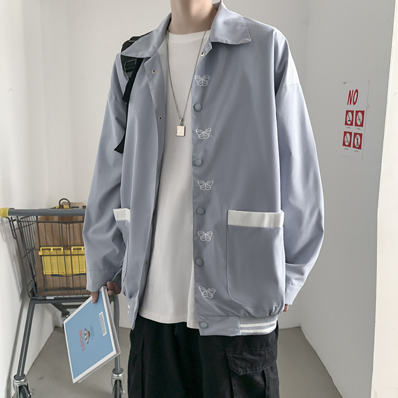 2021港风秋款男夹克单排扣蝴蝶印花拼接口袋休闲外套JK120  P45图片