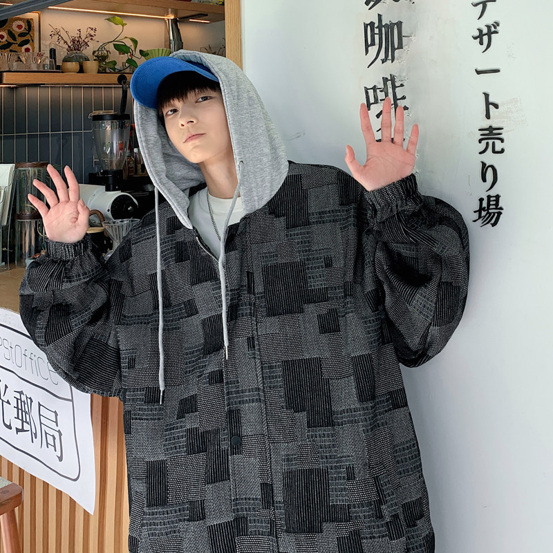 港风秋款男牛仔夹克衫连帽棋盘格条纹休闲外套J,男装夹克,星座1013-1