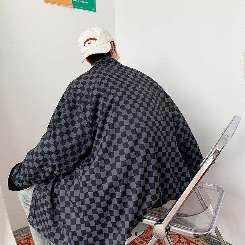 港风秋款男长袖衬衫棋盘格方格条纹拼接衬衣休闲外套CS2210P35,男装衬衫,星座1013-1