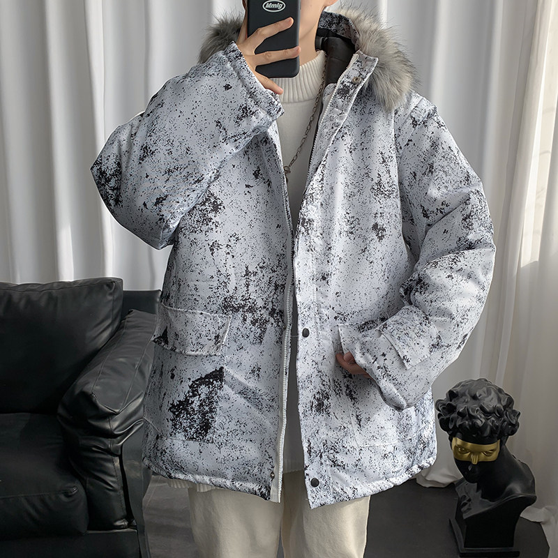 港风男棉衣连帽毛领外套潮宽松棉袄工装棉服泼墨面包服M8807 P90图片