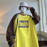 港风春款男圆领套头长袖T恤字母数字印花拼色打底衫卫衣T352，男装T恤，星座1013-1