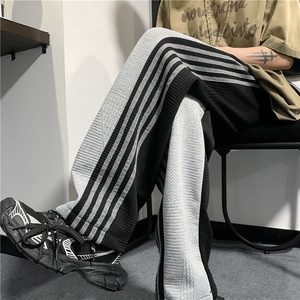 港风夏款男休闲裤条纹拼色褶皱直筒宽松卫裤h2531 P40图片