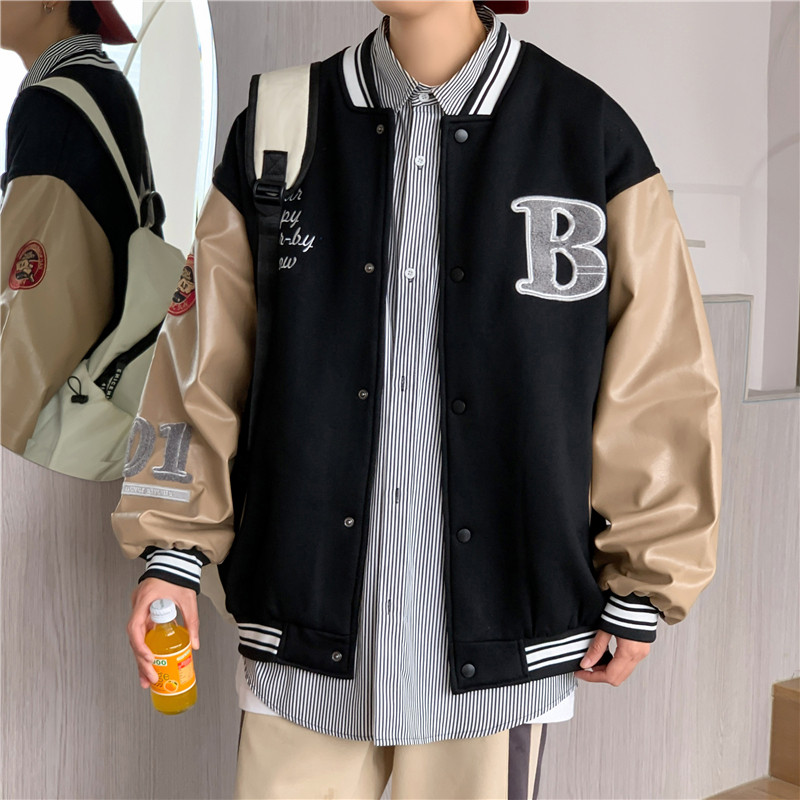 港风秋款男毛呢拼皮夹克棒球立领字母毛巾绣单排扣外套JK8826P70，男装毛呢大衣，星座1013-1