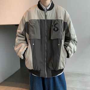 春款男夹克衫棒球领S字母刺绣拼色工装口袋冲锋衣外套J图片