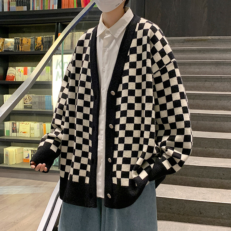 秋冬男针织开衫条纹V领毛衣棋盘格拼接条纹单排扣打底外套M54,男装针织衫/毛衣,星座1013-1