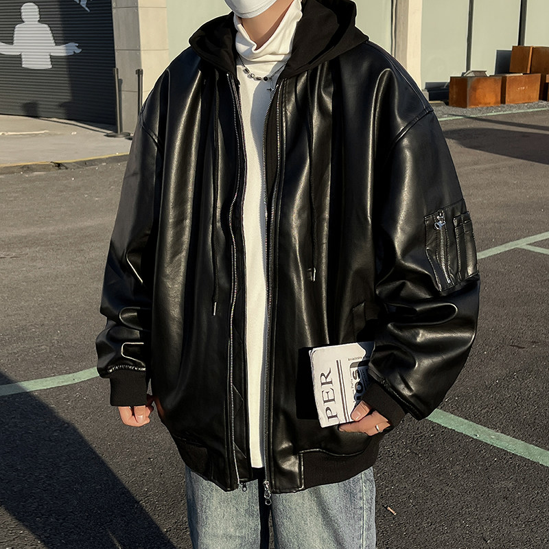 高品质春款男皮夹克假两件连帽拉链皮衣外套JK9221P80,男装皮衣,星座1013-1