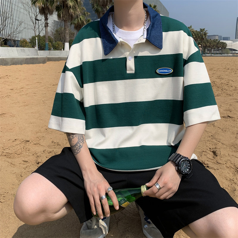 夏款男短袖POLO衫条纹拼接字母小贴标T恤衫T13P35,男装T恤,星座1013-1