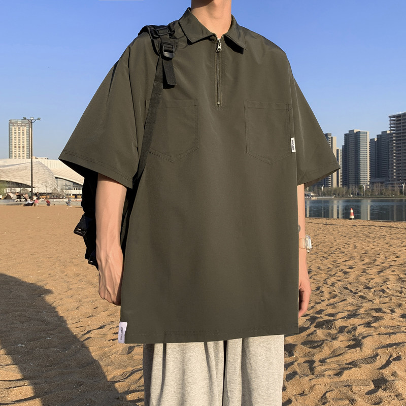 港风夏款男短袖T恤工装口袋拉链衬衫外套T恤衫T04 P35图片