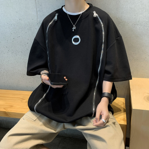 港风夏男短袖纯棉T恤双拉链印花宽松版中长款五分袖T恤衫T020 P35图片