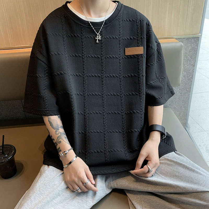 高品质夏款男短袖T恤圆领条纹提花免烫包边T恤衫T3032P25,男装T恤,星座1013-1