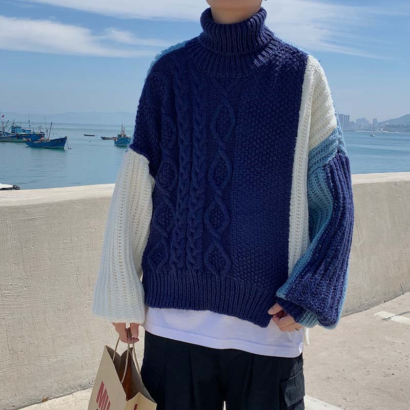 港风秋款男针织套头高领加厚毛衣拼色开叉宽松休闲外套M42,男装针织衫/毛衣,星座1013-1