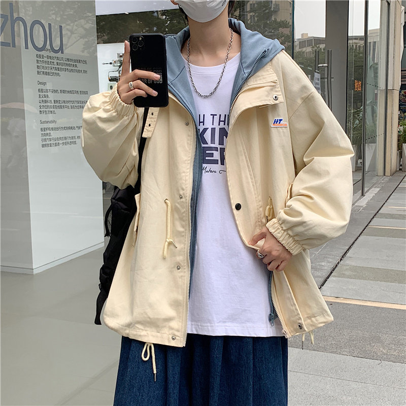 港风秋冬男夹克假两件连帽工装字母印花贴标外套J,男装夹克,星座1013-1