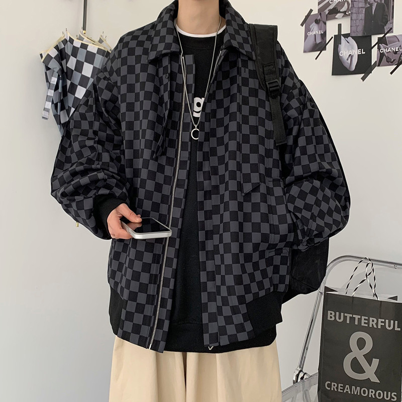 港风春工装夹克韩版棋盘格翻领拉链十字架装饰休闲外套J,男装夹克,星座1013-1