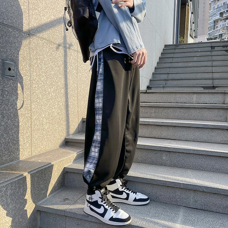 2021港风春款男休闲裤条纹格子拼接抽绳宽松直筒九分裤h41P30,男装休闲裤,星座1013-1