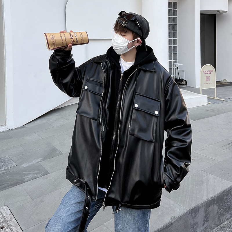 2023港风春款男皮夹克假两件连帽工装大口袋皮衣外套J,男装皮衣,星座1013-1