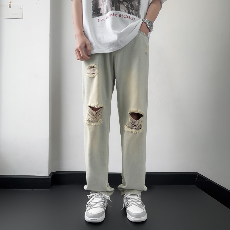 港风夏款男牛仔裤膝盖破洞黄泥色直筒宽松休闲裤nk3001P45,男装牛仔裤,星座1013-1