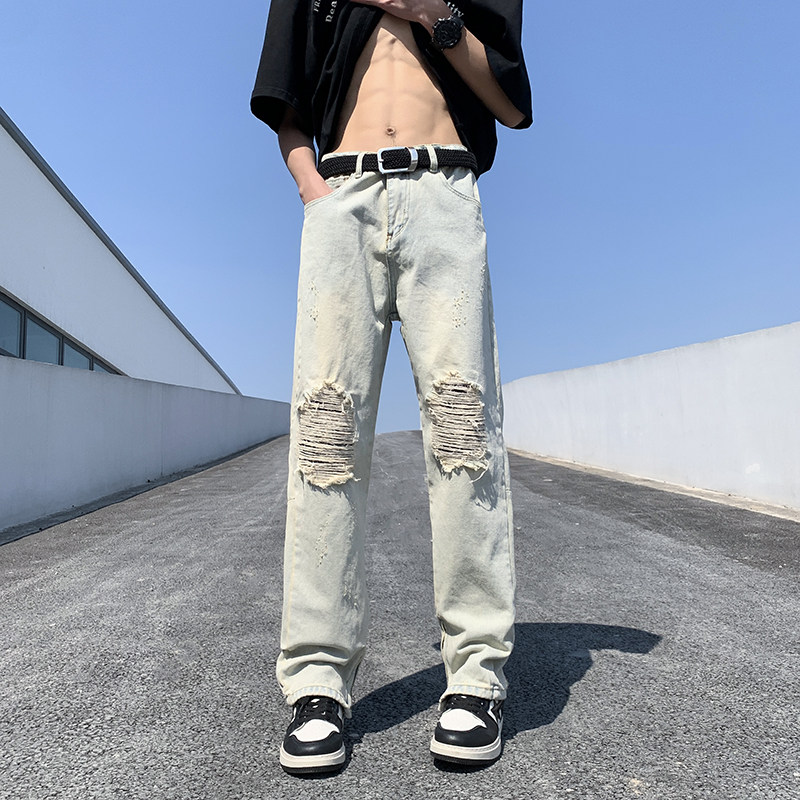 夏款男牛仔裤膝盖破洞渐变色侧边开叉拉链直筒宽松长裤nk8035P50,男装牛仔裤,星座1013-1