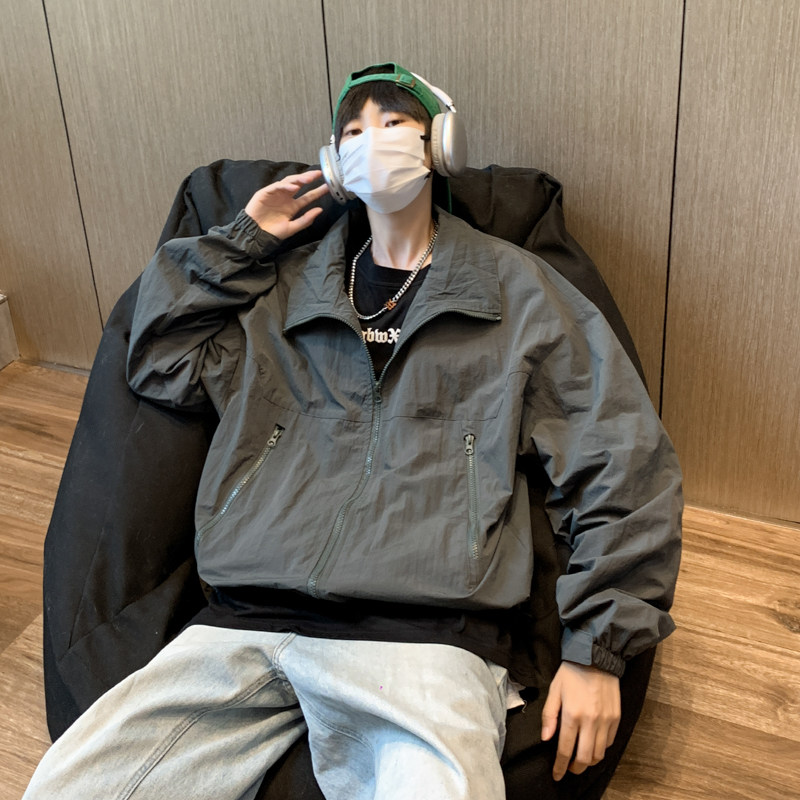 港风秋款男夹克褶皱工装拉链冲锋衣抽绳纯色休闲外套JK691P60,男装夹克,星座1013-1