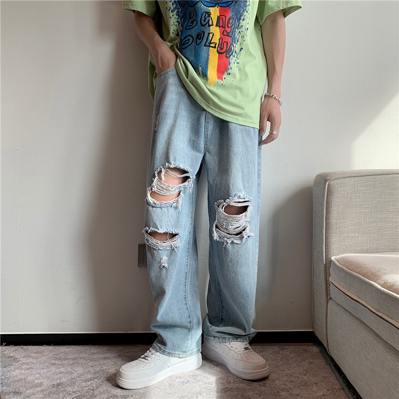 港风夏款男牛仔裤大破洞直筒裤情侣款潮裤nk1911P40,男装牛仔裤,星座1013-1