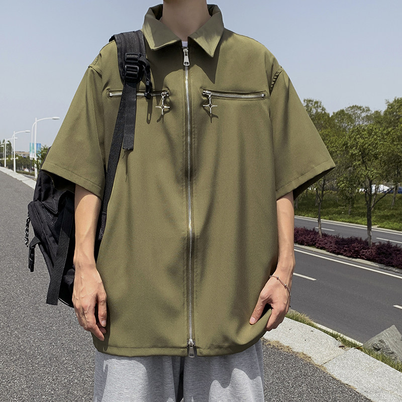 港风夏款男短袖衬衫工装拉链口袋休闲衬衫CS1268P45,男装衬衫,星座1013-1