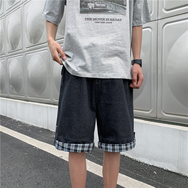 2021港风夏款男牛仔短裤格子拼接潮休闲五分裤马裤D527P40,男装牛仔裤,星座1013-1