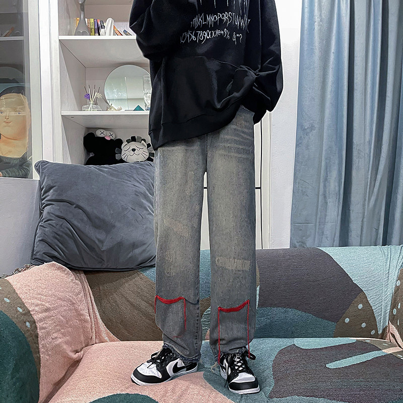 2021港风秋冬款男牛仔裤编织带流苏渐变直筒宽休闲裤n,男装牛仔裤,星座1013-1