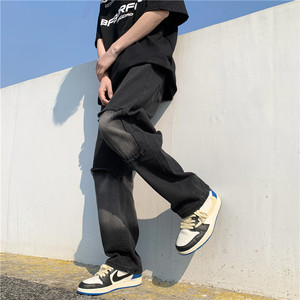 港风夏款男牛仔裤流苏破洞补丁直筒宽松休闲长裤nk913 P45图片
