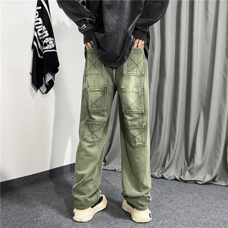 港风秋款男牛仔裤工装多口袋直筒宽松休闲长裤n,男装牛仔裤,星座1013-1