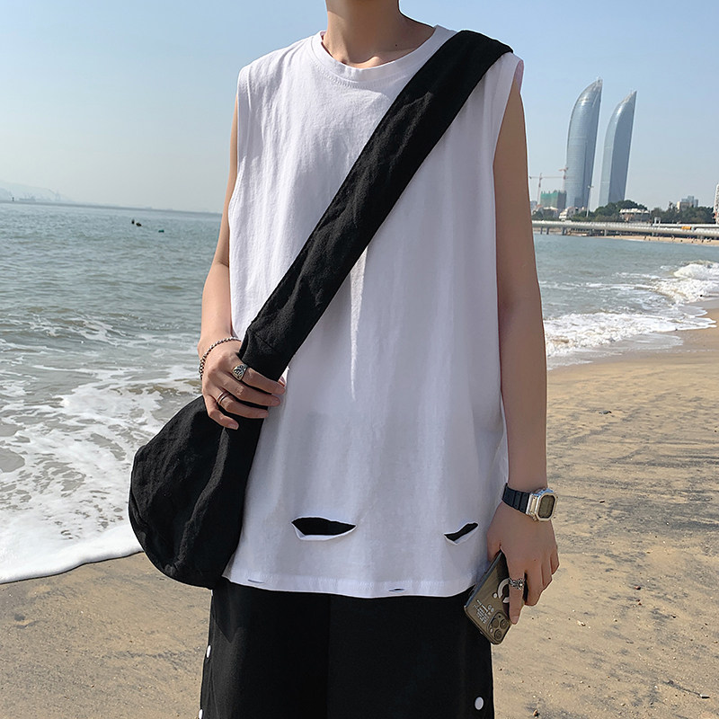 港风夏款男纯棉背心运动马甲沙滩T恤休闲无袖坎肩破洞T恤T03P20,男装背心/马甲,星座1013-1