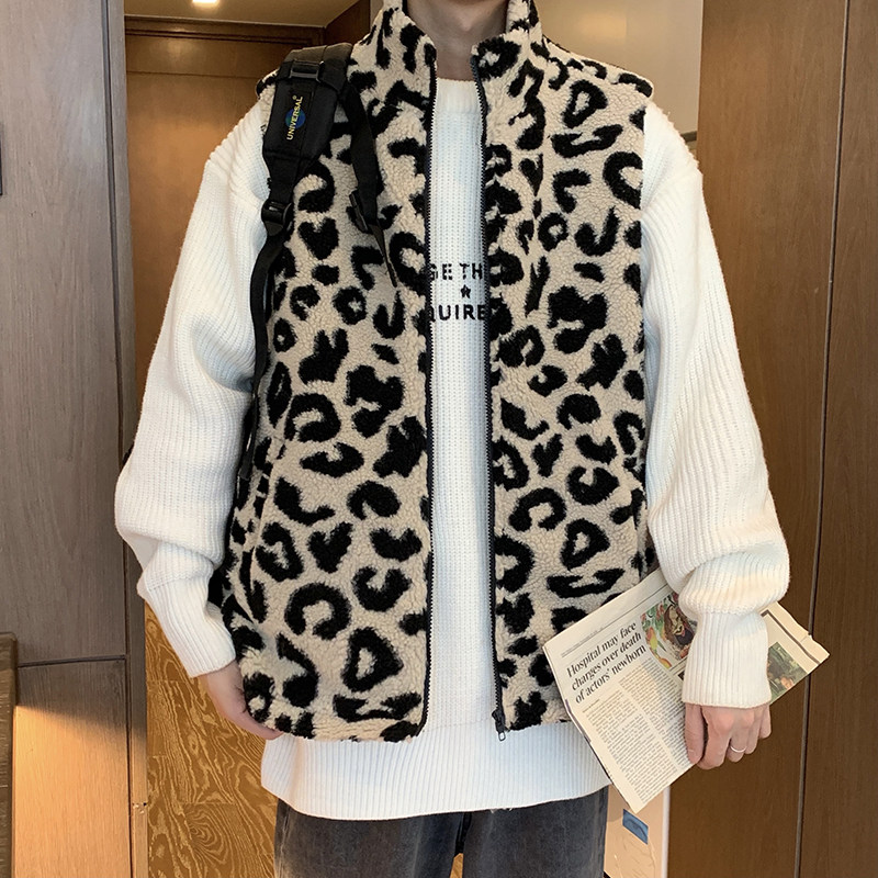 冬男马甲高领棉衣无袖坎肩豹纹羊羔毛棉袄保暖背心外套MJ818图片