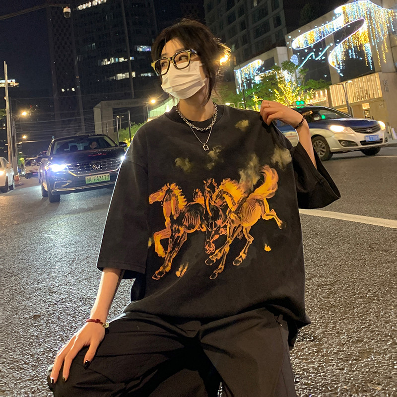 夏男短袖T恤水洗胶印字母印花画骏马涂鸦五分袖T恤衫T021P45,男装T恤,星座1013-1