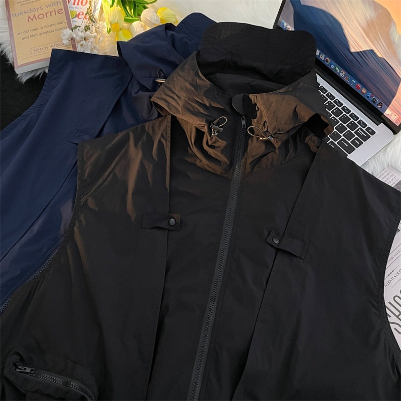 夏款男工装大口袋背心连帽马甲无袖织带坎肩冲锋衣外套MJ9255P50，男装背心/马甲，星座1013-1