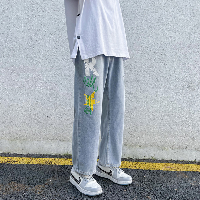 港风夏季男牛仔裤字母印花直筒潮九分裤nk2211P40,男装牛仔裤,星座1013-1