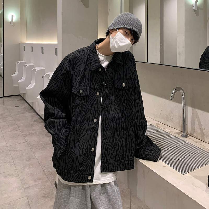 港风秋款潮男斑马纹牛仔夹克宽松痞帅单排扣外套JK8023P65,男装夹克,星座1013-1