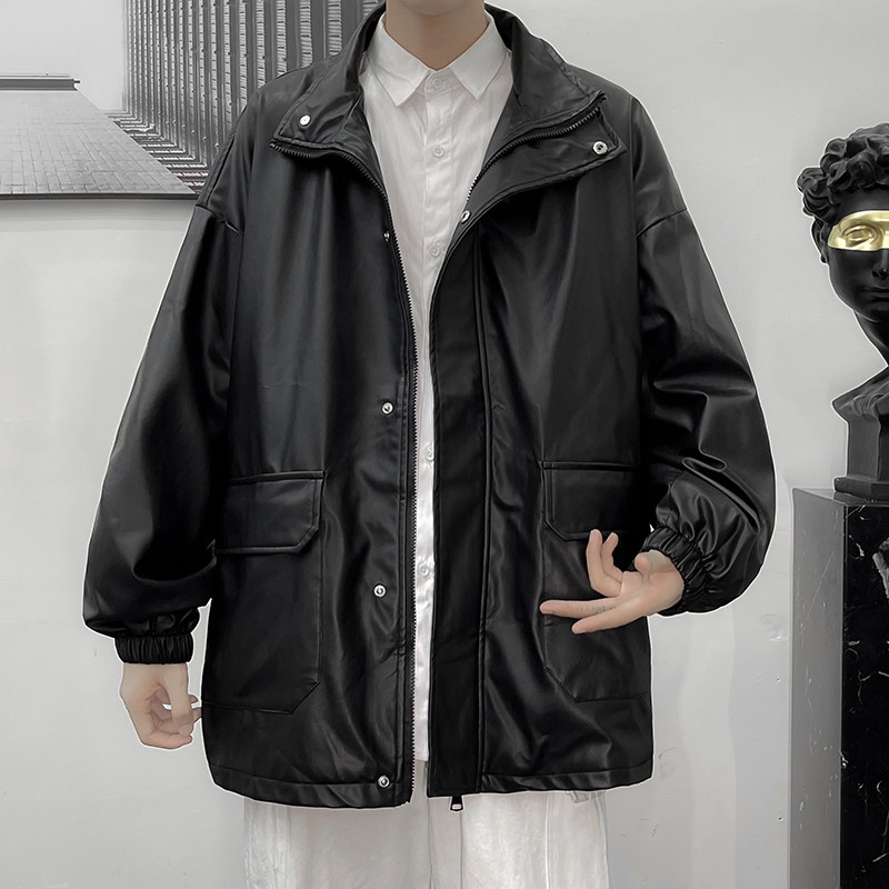 港风秋冬款男皮衣工装大口袋立领韩版休闲皮夹克纯色外套J,男装皮衣,星座1013-1