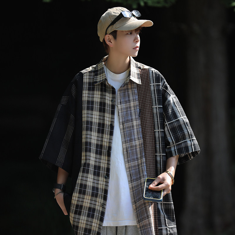 高品质夏款男短袖衬衫格子条纹拼色衬衣外套CS4512P40,男装衬衫,星座1013-1