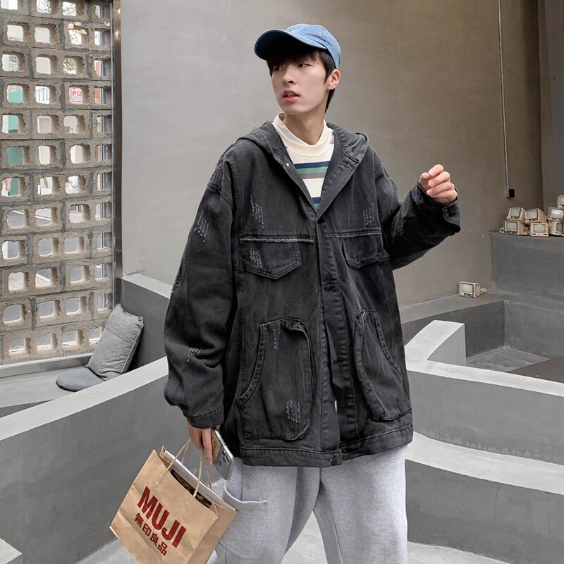 港风秋冬款男牛仔工装连帽夹克大口袋宽松休闲韩版外套JK10P75,男装夹克,星座1013-1