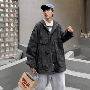 港风秋冬款男牛仔工装连帽夹克大口袋宽松休闲韩版外套JK10  P75图片
