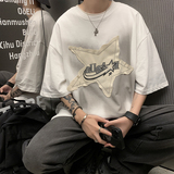 港风夏男短袖T恤纯棉字母印花五角星补丁图案车休闲T恤衫T123P35，男装T恤，星座1013-1