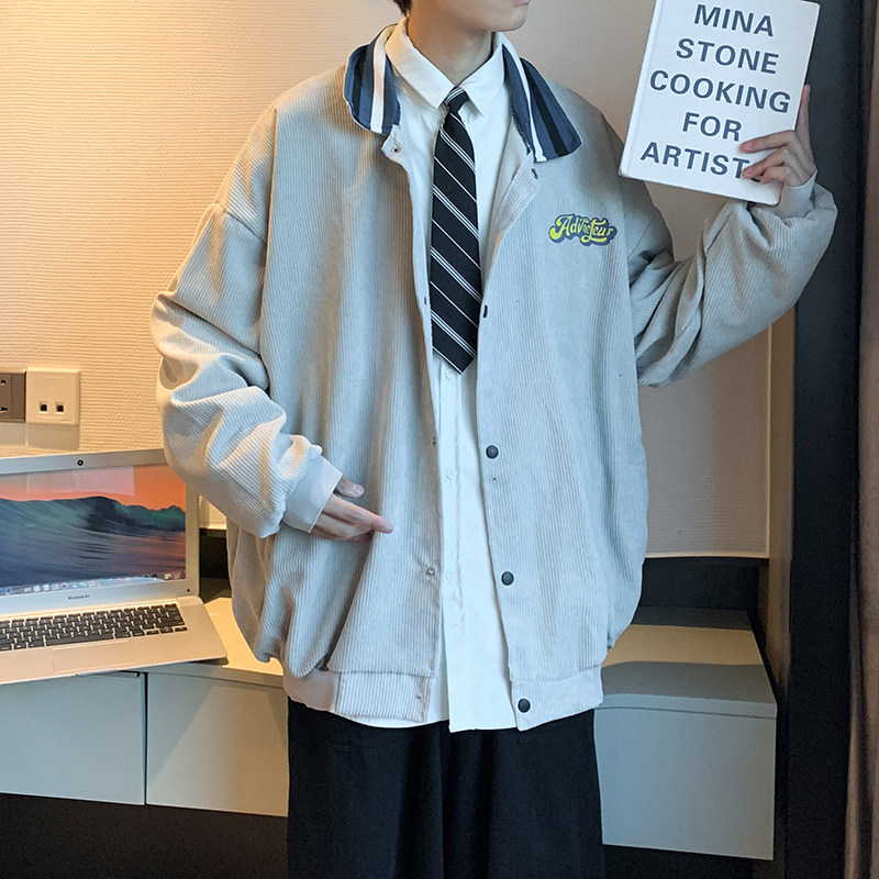 2021港风秋冬男夹克灯芯绒条纹翻领宽松休闲外套J,男装夹克,星座1013-1