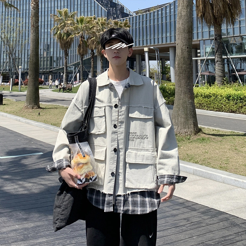 港风秋男工装大口袋夹克衫假两件格子拼接外套JK932P55,男装夹克,星座1013-1