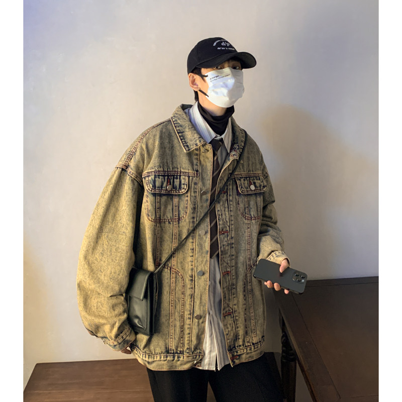 港风冬款男牛仔夹克衫工装口袋牛仔红线棕色外套J,男装夹克,星座1013-1