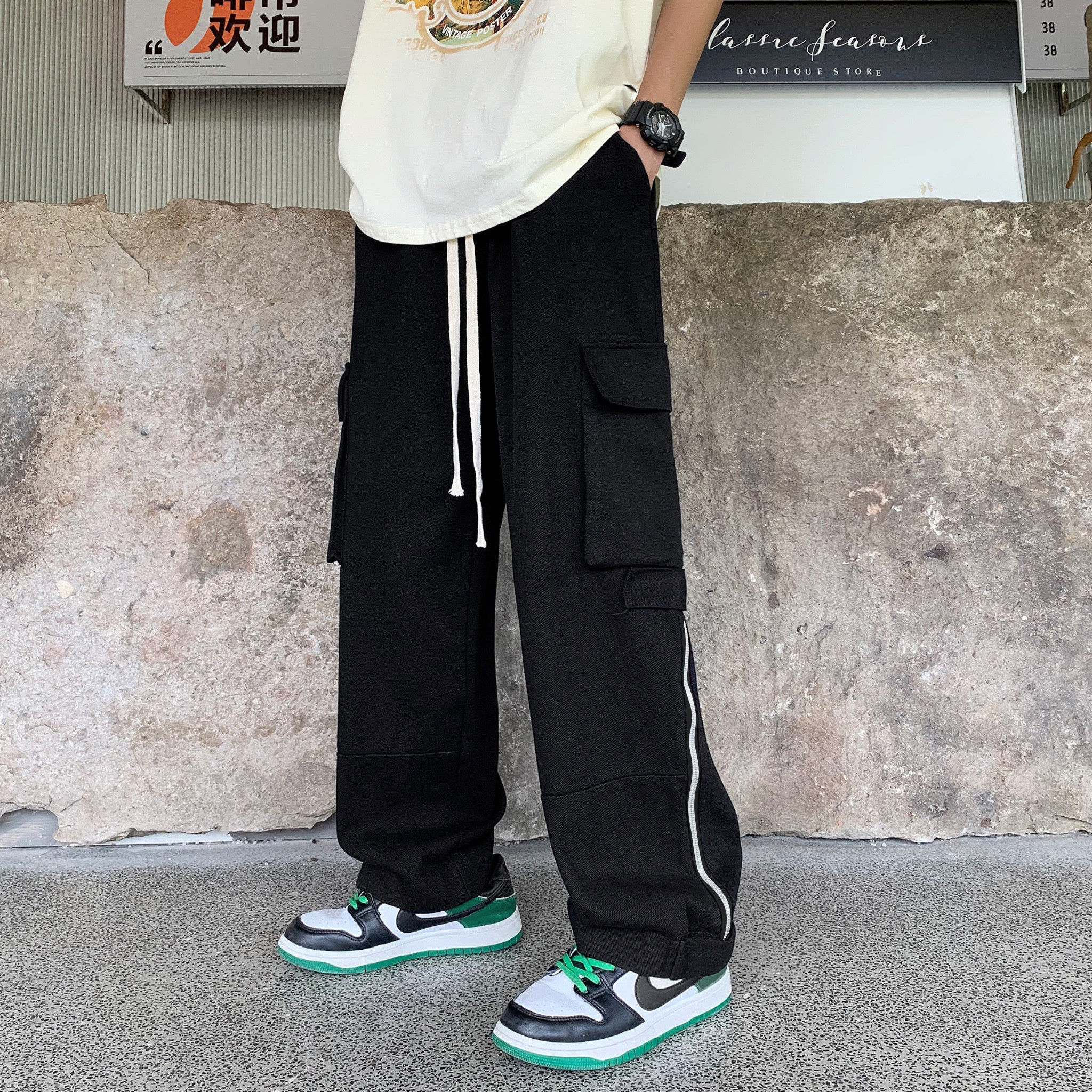 港风秋款男休闲裤工装大口袋拉链魔术贴宽松直筒长裤h3032P45,男装休闲裤,星座1013-1