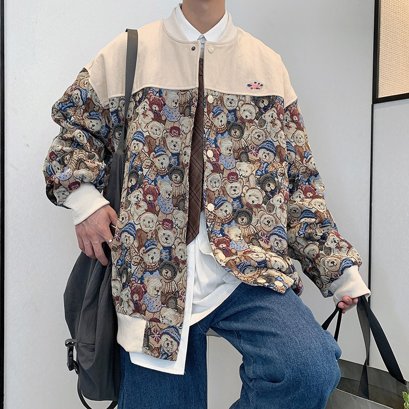 港风秋款男夹克衫棒球立领小熊印花拼接潮男休闲外套JK79P55,男装夹克,星座1013-1