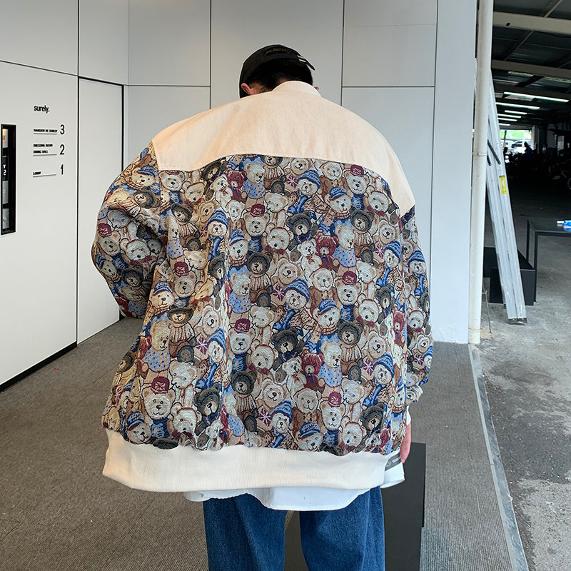 港风秋款男夹克衫棒球立领小熊印花拼接潮男休闲外套JK79P55,男装夹克,星座1013-1