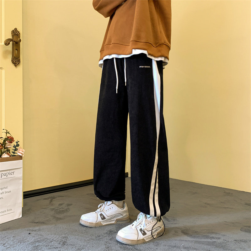 秋冬男裤字母印花灯芯绒条纹拼接抽绳束脚休闲直筒长裤h7114P40,男装休闲裤,星座1013-1