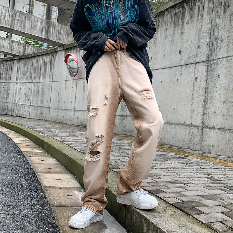 港风夏款男牛仔裤棕色复古做旧直筒宽松休闲长裤nk1012P50,男装牛仔裤,星座1013-1