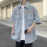 港风夏款男短袖牛仔宽松衬衫涂鸦印花中袖百搭衬衣CS981P55，男装衬衫，星座1013-1